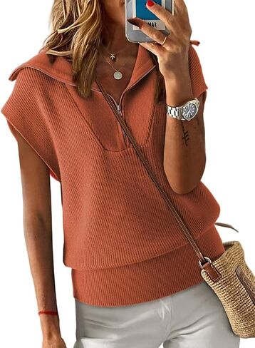 Dokotoo Women's Casual Sleeveless Half Zip Pullover Sweaters Solid V Neck Collar Ribbed Knitted Loose Sweaters in Kuwait
