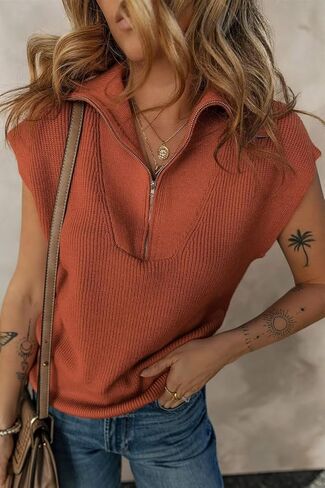 Dokotoo Women's Casual Sleeveless Half Zip Pullover Sweaters Solid V Neck Collar Ribbed Knitted Loose Sweaters in Kuwait