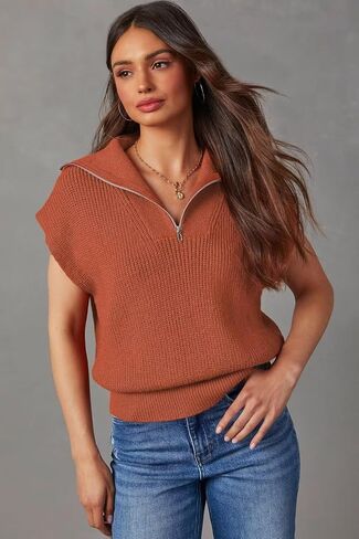 Dokotoo Women's Casual Sleeveless Half Zip Pullover Sweaters Solid V Neck Collar Ribbed Knitted Loose Sweaters in Kuwait