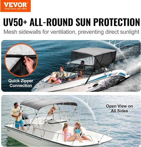 غطاء القارب العلوي VEVOR 4 Bow Bimini، جدران جانبية شبكية قابلة للفصل، مظلة بوليستر 600D مع إطار من سبائك الألومنيوم مقاس 1 بوصة، يتضمن صندوق تخزين، شريطين، 2 عمود دعم، 8'L x 54 بوصة ارتفاع × 85 بوصة - 90 بوصة عرض، رمادي فاتح in Saudi Arabia