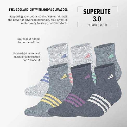 adidas Girls' Kids Superlite 3.0 Athletic Quarter Socks (6-Pair) Ankle High Fit with Targeted Padding and Arch Compression in Saudi Arabia