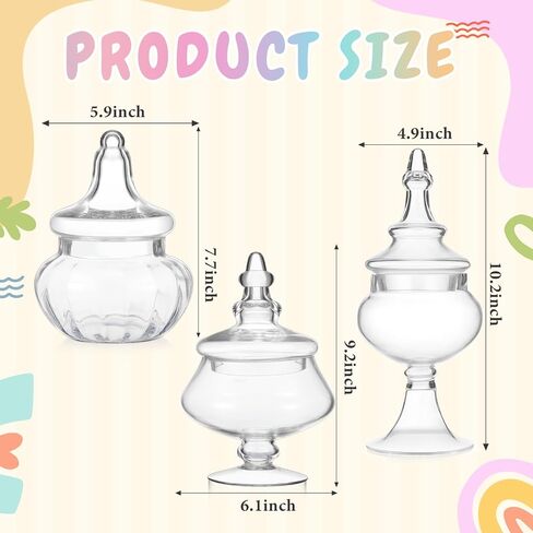 3 Pcs Clear Glass Apothecary Jars Candy Jars Wedding Candy Organizer Canisters Buffet Display Elegant Storage Jar for Restroom Buffet Christmas Decor,artificial Blowing Process(Classic) in Kuwait
