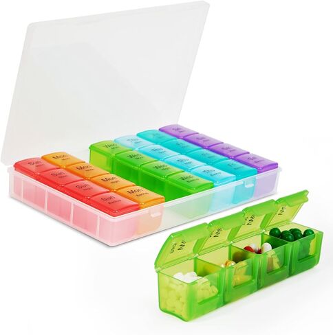 Large weekly pill organizer, 4 times a day, 7-day moisture-proof pill box with 28 compartments, capable of accommodating large amounts of vitamins, supplements, fish oil, and medicine (Gray Rainbow) in Saudi Arabia