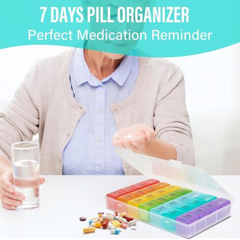 Large weekly pill organizer, 4 times a day, 7-day moisture-proof pill box with 28 compartments, capable of accommodating large amounts of vitamins, supplements, fish oil, and medicine (Gray Rainbow) in Saudi Arabia