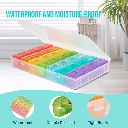 Large weekly pill organizer, 4 times a day, 7-day moisture-proof pill box with 28 compartments, capable of accommodating large amounts of vitamins, supplements, fish oil, and medicine (Gray Rainbow) in Saudi Arabia