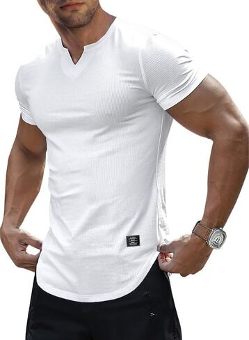 JMIERR Mens Muscle Slim T Shirt V-Neck Longline Henley Shirt Gym Workout Athletic Tee Shirts in Kuwait