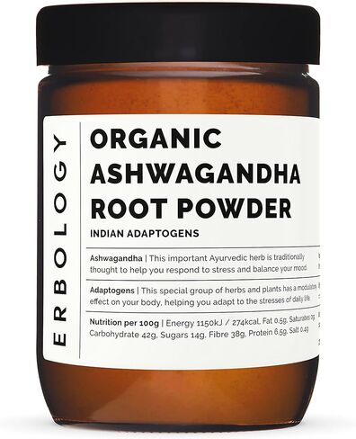 Erbology 100% Organic Ashwagandha Powder 7.8 oz - Sleep Aid - Straight from Farm - Raw, Vegan and Gluten-Free - Non-GMO - No Additives or Preservatives - Recyclable Glass Jar in Kuwait