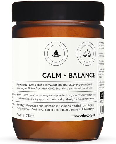 Erbology 100% Organic Ashwagandha Powder 7.8 oz - Sleep Aid - Straight from Farm - Raw, Vegan and Gluten-Free - Non-GMO - No Additives or Preservatives - Recyclable Glass Jar in Kuwait