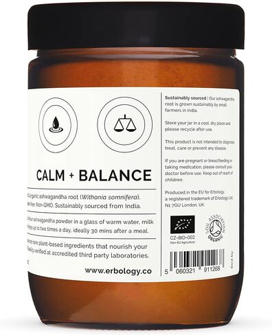 Erbology 100% Organic Ashwagandha Powder 7.8 oz - Sleep Aid - Straight from Farm - Raw, Vegan and Gluten-Free - Non-GMO - No Additives or Preservatives - Recyclable Glass Jar in Kuwait