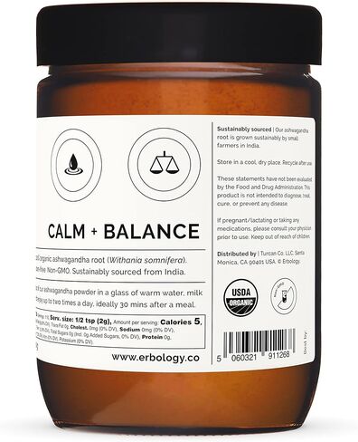 Erbology 100% Organic Ashwagandha Powder 7.8 oz - Sleep Aid - Straight from Farm - Raw, Vegan and Gluten-Free - Non-GMO - No Additives or Preservatives - Recyclable Glass Jar in Kuwait