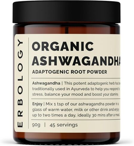 Erbology 100% Organic Ashwagandha Powder 7.8 oz - Sleep Aid - Straight from Farm - Raw, Vegan and Gluten-Free - Non-GMO - No Additives or Preservatives - Recyclable Glass Jar in Kuwait