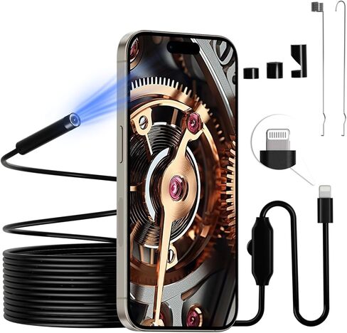 Borescope Camera with Light, 1920P HD Endoscope Inspection Camera with 8 Adjustable LED Lights, Snake Camera with 16.4ft/5m Semi-Rigid Snake Camera, 7.9mm IP67 Waterproof Inspection Camera for iOS in Kuwait