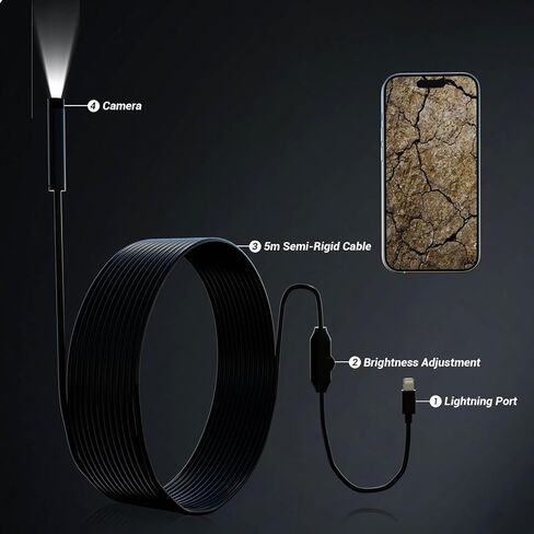 Borescope Camera with Light, 1920P HD Endoscope Inspection Camera with 8 Adjustable LED Lights, Snake Camera with 16.4ft/5m Semi-Rigid Snake Camera, 7.9mm IP67 Waterproof Inspection Camera for iOS in Kuwait