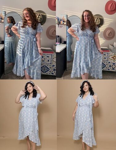 IN'VOLAND Plus Size Womens Floral Summer Dress Casual Wrap V Neck Short Sleeve Belted Beach Bohemian Maxi Dress in Kuwait