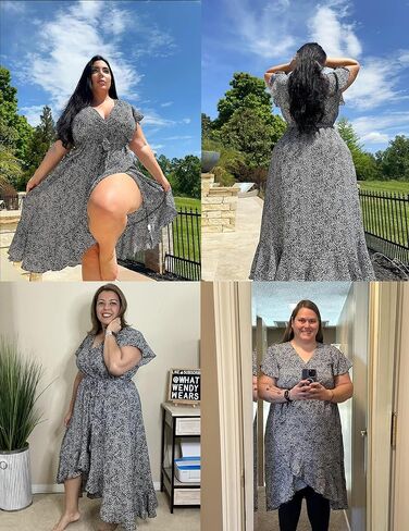 IN'VOLAND Plus Size Womens Floral Summer Dress Casual Wrap V Neck Short Sleeve Belted Beach Bohemian Maxi Dress in Kuwait