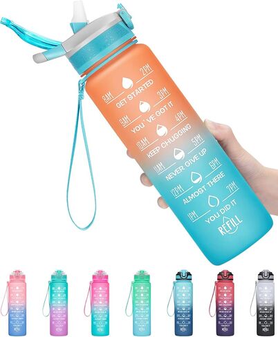 32oz Leakproof Motivational Sports Water Bottle with Straw & Time Marker, Flip Top Durable BPA Free Tritan Non-Toxic Frosted Bottle Perfect for Office, School, Gym and Workout (Cotton Candy) in Saudi Arabia