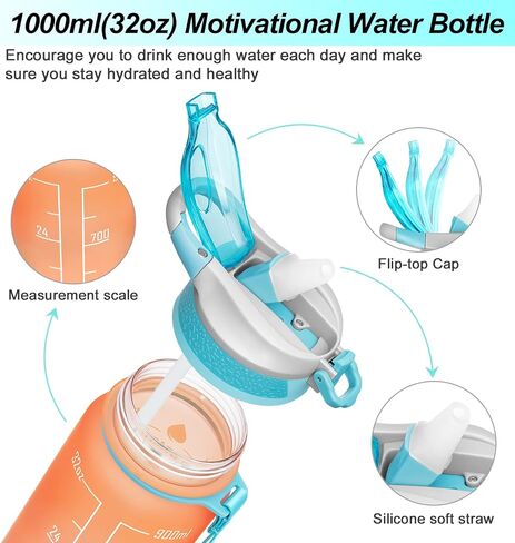 32oz Leakproof Motivational Sports Water Bottle with Straw & Time Marker, Flip Top Durable BPA Free Tritan Non-Toxic Frosted Bottle Perfect for Office, School, Gym and Workout (Cotton Candy) in Saudi Arabia