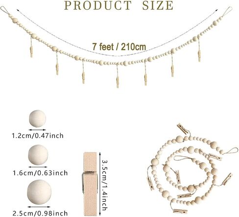 4 Feet Hanging Photo Display with Clips Boho Decor Wooden Bead Garland Birthday Photo Display Holder Frame Decoration for Dorms, Classrooms, Bedrooms in Saudi Arabia