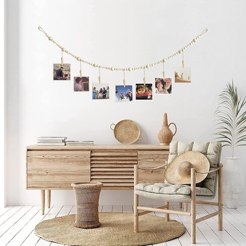 4 Feet Hanging Photo Display with Clips Boho Decor Wooden Bead Garland Birthday Photo Display Holder Frame Decoration for Dorms, Classrooms, Bedrooms in Saudi Arabia