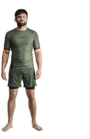 أكاديمية + كم قصير Rashguard | واقي من الطفح الجلدي BJJ مرن ومتين | قمصان ضغط ماصة للرطوبة للرجال والنساء | 80% بوليستر/20% سباندكس (L، كاكي) in Kuwait