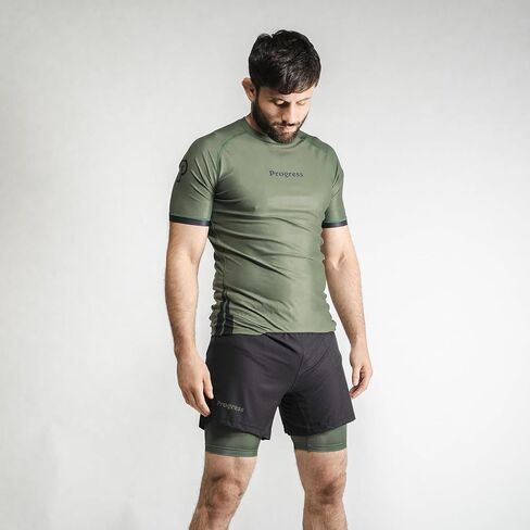 أكاديمية + كم قصير Rashguard | واقي من الطفح الجلدي BJJ مرن ومتين | قمصان ضغط ماصة للرطوبة للرجال والنساء | 80% بوليستر/20% سباندكس (L، كاكي) in Kuwait