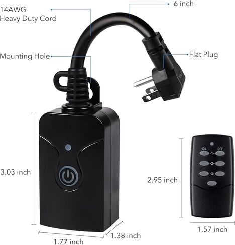 HBN Outdoor Indoor Wireless Remote Control 3-Prong Outlet Weatherproof Heavy Duty 15 A Compact 1 Remote 1 Outlet with Remote 6-inch Cord 100ft Range ETL Listed (Battery Included) in Kuwait