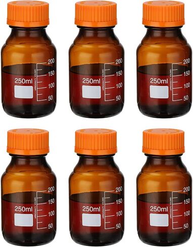 PATIKIL 6 Pack Reagent Media Storage Bottles, 50ml Borosilicate Glass Graduated Round Bottles with GL32 Blue Screw Cap for Lab Water Reagent Liquids, Amber in Saudi Arabia