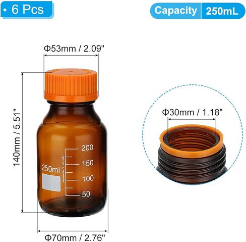 PATIKIL 6 Pack Reagent Media Storage Bottles, 50ml Borosilicate Glass Graduated Round Bottles with GL32 Blue Screw Cap for Lab Water Reagent Liquids, Amber in Saudi Arabia