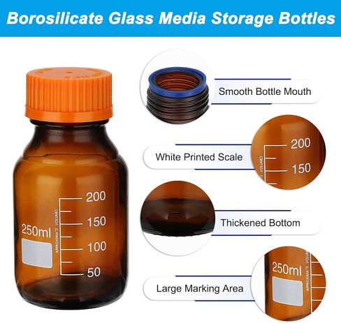 PATIKIL 6 Pack Reagent Media Storage Bottles, 50ml Borosilicate Glass Graduated Round Bottles with GL32 Blue Screw Cap for Lab Water Reagent Liquids, Amber in Saudi Arabia