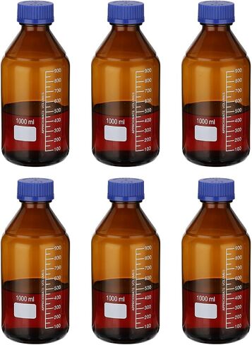 PATIKIL 6 Pack Reagent Media Storage Bottles, 50ml Borosilicate Glass Graduated Round Bottles with GL32 Blue Screw Cap for Lab Water Reagent Liquids, Amber in Saudi Arabia