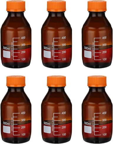 PATIKIL 6 Pack Reagent Media Storage Bottles, 50ml Borosilicate Glass Graduated Round Bottles with GL32 Blue Screw Cap for Lab Water Reagent Liquids, Amber in Saudi Arabia