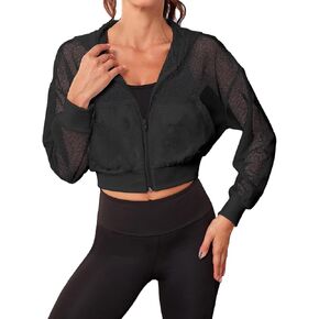 SweatyRocks Women's Activewear Hollow Out Mesh Full Zip Hoodie Jacket Crop Top with Pockets