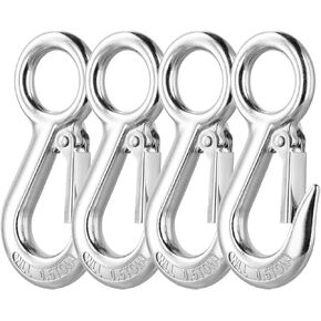 QWORK 304 Stainless Steel Safety Snap Hooks with Fast Eye, Heavy Duty Spring Carabiner Clips, 4 ⅝" Total Length, 1⅛" Round Eyelet, 1100 lbs Load, for Boats, Carabiners, Slip Hooks, 4 Pcs
