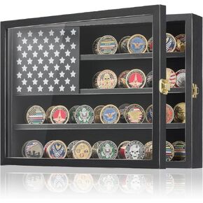 Coin Display Case 15"x11" Military Challenge Coin Holder Wooden American Flag Medal Poker Chip Wall Decor Gift for Collector, Grandfathers, Fathers, Comrade-in-arms