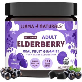 Llama Naturals Real Fruit Sambucus Elderberry Gummies for Adults | No Added Sugar Cane, Vegan, Organic Immune Support | Zinc & Natural Vitamin C | Immunity for Women, Men | 90 Gummies (30 Day)