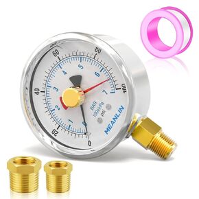 MEANLIN MEASURE 0~100Psi Stainless Steel 1/4" NPT 2.5" FACE DIAL with Reset Pointer Liquid Filled Pressure Gauge WOG Water Oil Air, Lower Mount, with 1/8" x 1/4" NPT and 1/8" x 3/8" NPT Hex Bushing