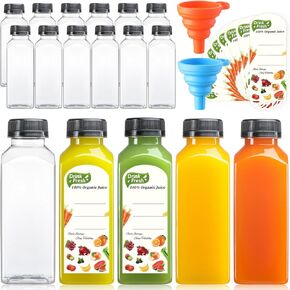 12 Pack, 12 OZ Reusable Plastic Juice Bottles with Caps, Plus 12 Labels & 2 Silicone Funnels - Clear Juicing Bottles for Juice, Smoothies, Ginger, Tea, Coffee - Food Grade & Leakproof Travel Bottles