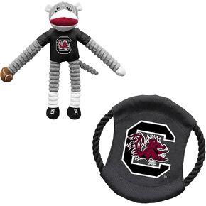 Littlearth Unisex-Adult NCAA South Carolina Fighting Gamecocks Sock Monkey and Flying Disc Pet Toy Combo Set, Team Color, One Size