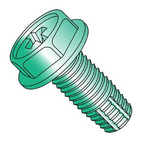 Steel Thread Cutting Screw, Green Zinc Plated, Hex Washer Head, Phillips Drive, Type F, #10-32 Thread Size, 3/8" Length (Pack of 50)