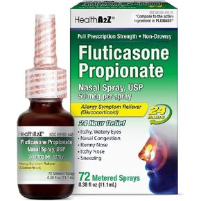 HealthA2Z® Fluticasone Propionate Nasal Spray| 50 mcg per spray | 24 Hour Allergy Relief | 72 Sprays | 0.38 fl oz (11.1mL) | Relief from Nasal Congestion | Runny Nose | Sneezing