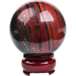 JIC Gem African Bloodstone Crystal Ball Natural Quartz Crystal Sphere Stone Ball with Wooden Base (70-80mm)