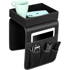 SITHON Sofa Remote Control Holder with Detachable Tray - [Non Slip] PU Leather Chair Couch Armrest Organizer Caddy with 5 Pockets for Magazines Phone iPad TV Remote Game Controller Eyeglasses (Brown)