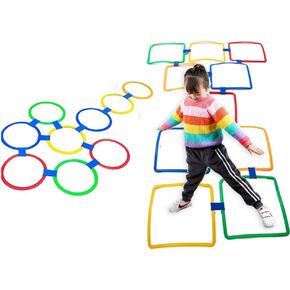 Hopscotch Squares and Hopscotch Ring Games 11in/ 15in with 25 Connectors for Kids Balance Agility Training Obstacle Course, Indoor Outdoor Backyard Activity, Birthday Fun Play for Boys Girls
