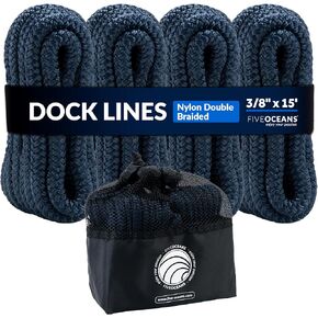 Five Oceans 4-Pack 1/2" x 15' Boat Dock Lines with 12" Eyelet, Marine-Grade Black Premium Double Braided Nylon Boat Rope 1/2 inch, Boat Ropes for Docking with Loop or Fender Lines - FO4697