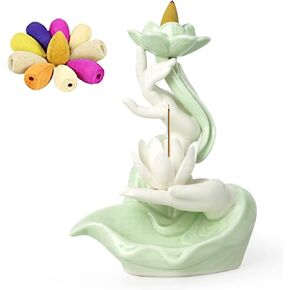 Backflow Incense Holder Buddhist Culture，Waterfall Incense Burner Buddha's Hand and Colorful Lotus Pattern，Aromatherapy Ornament Home Décor Nice Gift for Friends Families