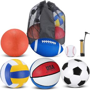 6 Pcs Multi Sport Ball Set Official Size Football, Basketball, Soccer, Volleyball, Playground Ball, Baseball with Sports Equipment Bag Pump for Kid Teen Adult
