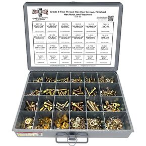 Grade 8 FINE THREAD Hex Cap Bolts Screws, Finished Hex Nuts, Washers, Lock Washers Assortment Kit - 574 Pieces!