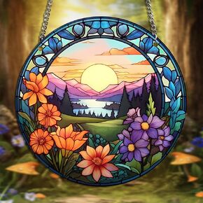Large Sunset Landscape Acrylic Window Hangings Beautiful Flower Stained Window & Wall Decor, Ideal Housewarming Gift, Home Decor for Mom Grandma Wife Teacher