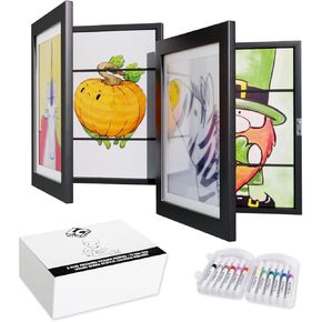 Kids Artwork Frames Changeable 2 Pack - 12x9 Kids Art Frame Childrens Art Display for Kids Artwork, Pictures, Paintings, Drawings - Hanging or Standing, Horizontal or Vertical - Wood Frame, Shatter-resistant, 12 Acrylic Markers Added as Bonus