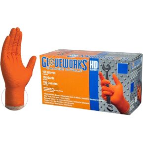 GLOVEWORKS HD Orange Nitrile Gloves, 8 mil Nitrile Disposable Gloves with Raised Diamond Texture, Mechanic Gloves Disposable